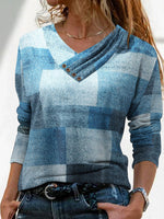 Women's T-Shirts Printed Cross V-Neck Button Long Sleeve T-Shirt