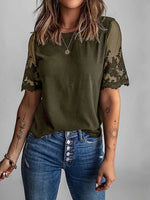 Women's T-Shirts Lace Stitching Round Neck Short Sleeve T-Shirt