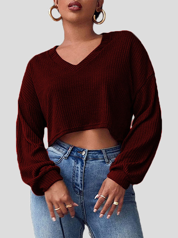 Women's T-Shirts Solid V-Neck Crop Long Sleeve Knit T-Shirt