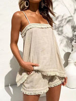 Women's Sets Printed Sling Top & Shorts Fringed Two-Piece Set