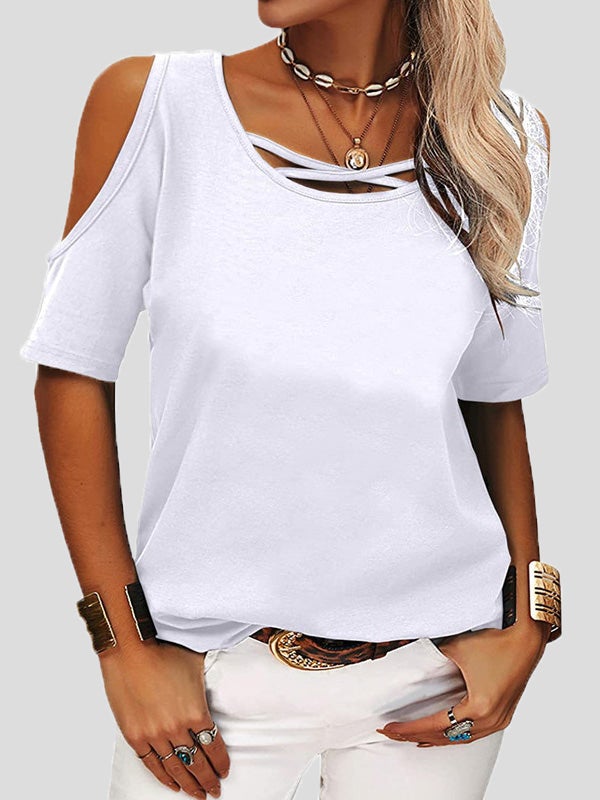 Women's T-Shirts Solid Off-Shoulder Short Sleeve T-Shirt