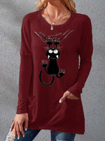 Women's T-Shirts Cat Print Crew Neck Pocket Long Sleeve T-Shirts