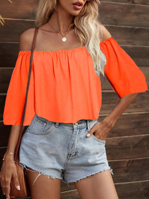 Women's Blouses Solid One-Shoulder Mid Sleeve Blouse