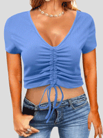 Women's T-Shirts V-Neck Drawstring Slim Fit Short Sleeve T-Shirt