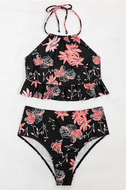 Floral Ruffles Halter Neck Bikini Set