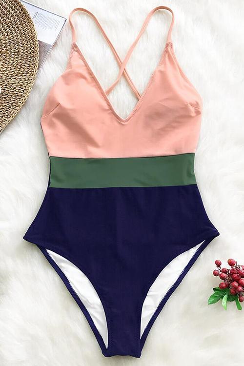 Color Block Backless One Piece Swimwear