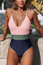 Color Block Backless One Piece Swimwear