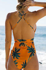 Leaf V Neck Backless One Piece Swimwear