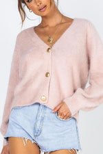 Fuzzy Button V Neck Cardigan