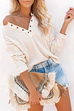 Henley V Neck Waffle Long Sleeve Sweater