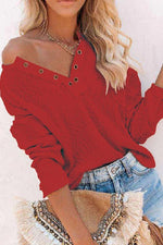 Henley V Neck Waffle Long Sleeve Sweater