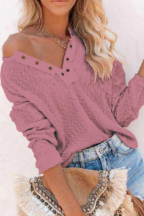 Henley V Neck Waffle Long Sleeve Sweater