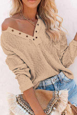 Henley V Neck Waffle Long Sleeve Sweater