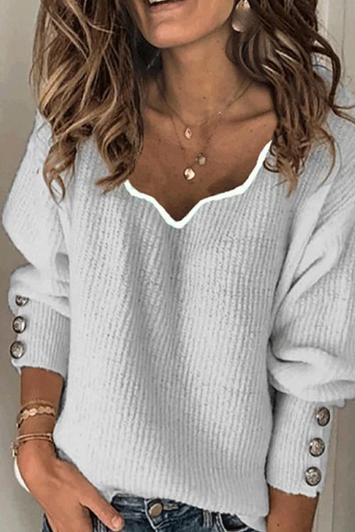 Button V Neck Pullover Sweater