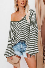 Oversized Stripe V Neck Puff Sleeve Sweater