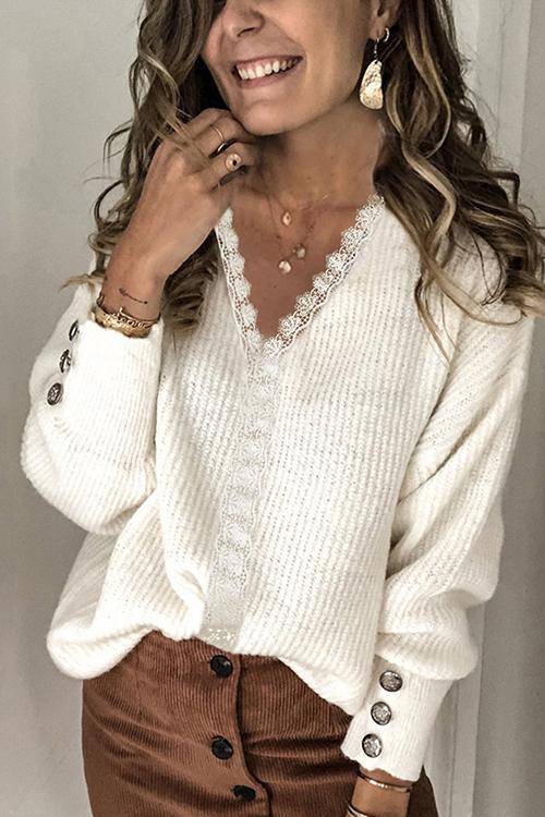 Lace V Neck Knit Button Sweater