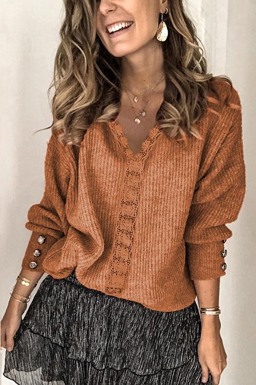 Lace V Neck Knit Button Sweater