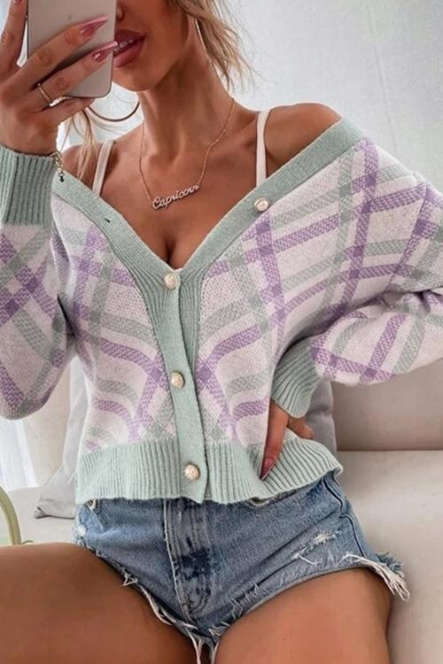 Argyle Button Crop Cardigan