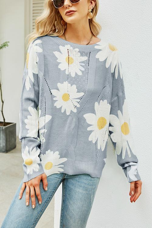 Floral Print Crew Neck Loose Sweater