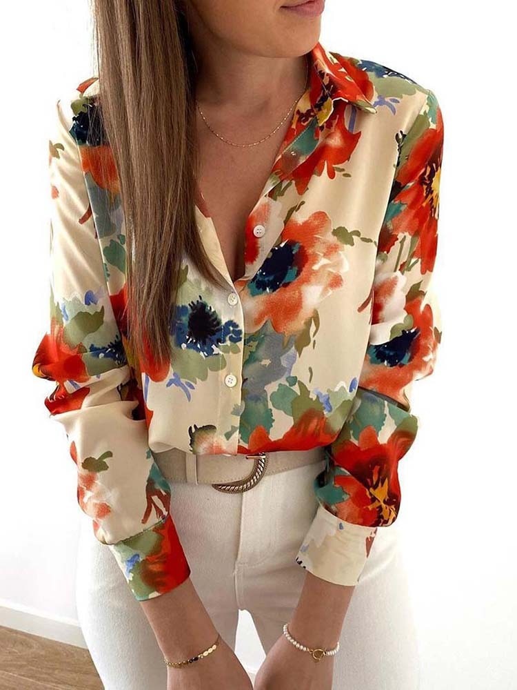 Floral Turn-down Collar Long Sleeve Fashion Plus Size Blouse