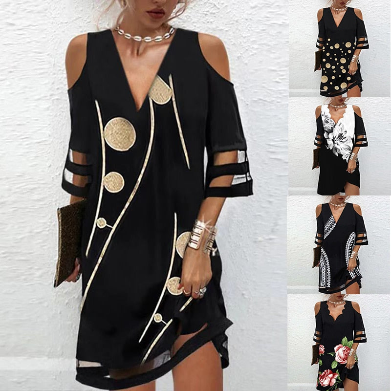 Fashion Women&#39;s Bodycon Off Shoulder V-Neck Mini Dress Sexy Summer Beach Party Vestidos Casual Loose Boho Flora Print Dresses