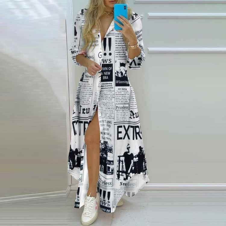 Single Breasted Button Lapel Long Sleeve Print Oversized Dress