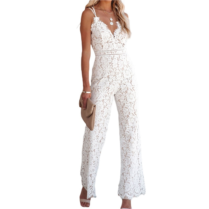 Spaghetti Strap V-Neck Solid Embroidered Lace Jumpsuit
