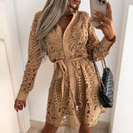 Sexy Lace Hollow Out Turn-down Collar Long Sleeve Dress
