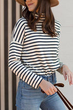 High Collar Stripe Long Sleeve T Shirt