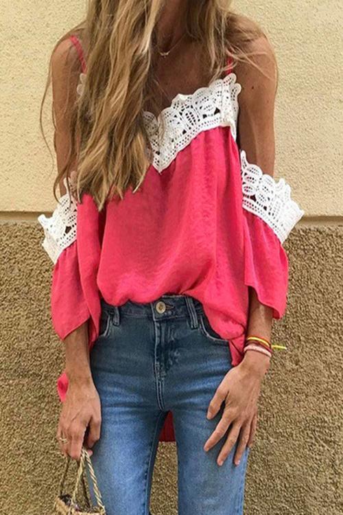 Lace Patchwork Cold Shoulder Blouse