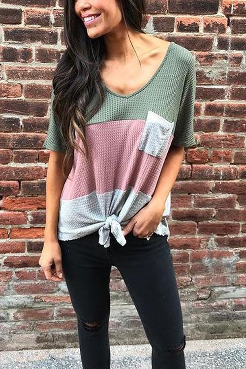 Pockets Knot Color Block T Shirt