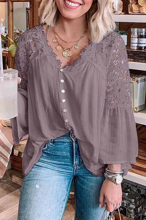 Button Lace Patchwork Blouse