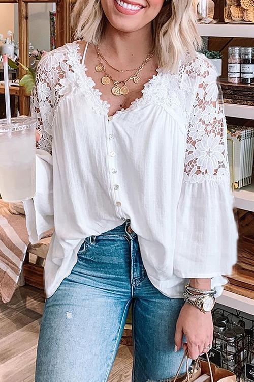 Button Lace Patchwork Blouse