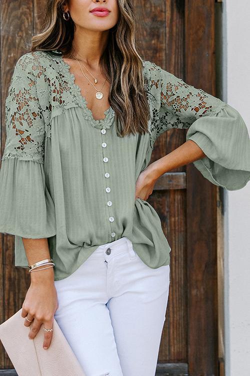 Button Lace Patchwork Blouse