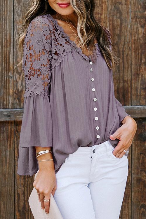 Button Lace Patchwork Blouse