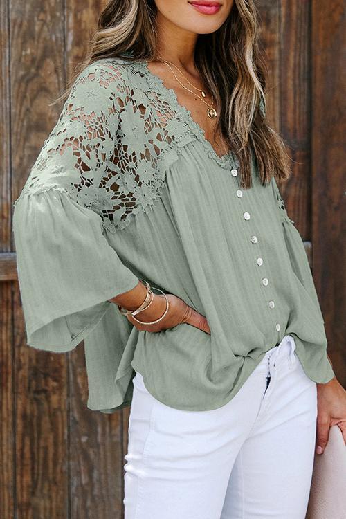 Button Lace Patchwork Blouse