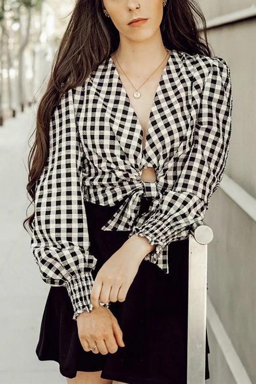 Plaid Knot Long Sleeve Blouse