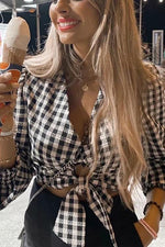 Plaid Knot Long Sleeve Blouse