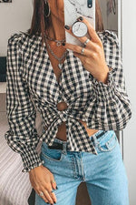 Plaid Knot Long Sleeve Blouse