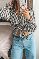 Plaid Knot Long Sleeve Blouse