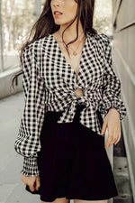 Plaid Knot Long Sleeve Blouse