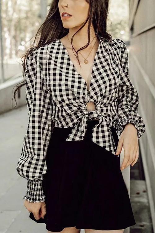 Plaid Knot Long Sleeve Blouse