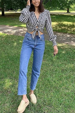 Plaid Knot Long Sleeve Blouse