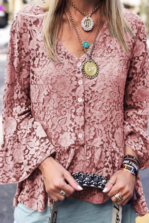 Lace Button Flares Sleeve T Shirt