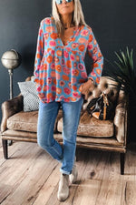 Floral Print V Neck Long Sleeve T Shirt