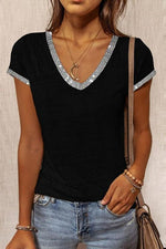 Patchwork V Neck Short Sleeve T Shirt