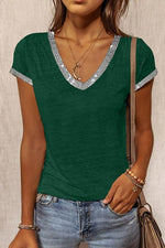 Patchwork V Neck Short Sleeve T Shirt