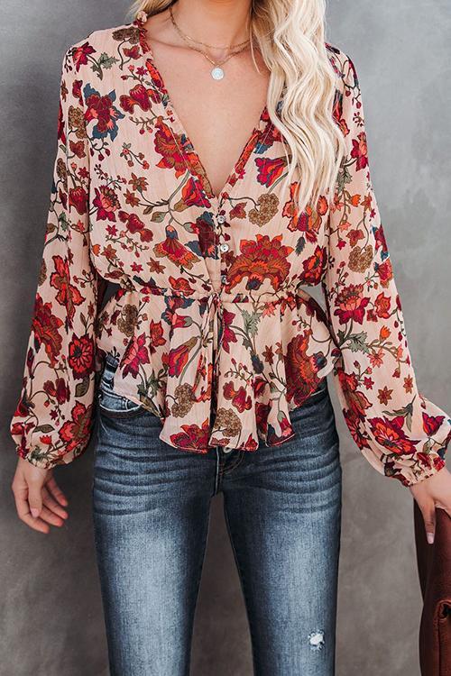 Flroal Print Button V Neck Blouse