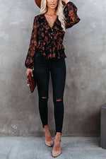 Flroal Print Button V Neck Blouse