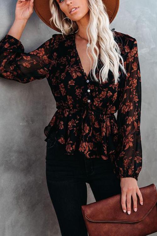 Flroal Print Button V Neck Blouse